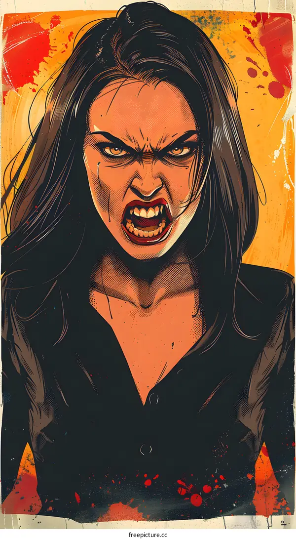 Illustration of a woman vampire with long black hair, red eyes, and sharp teeth