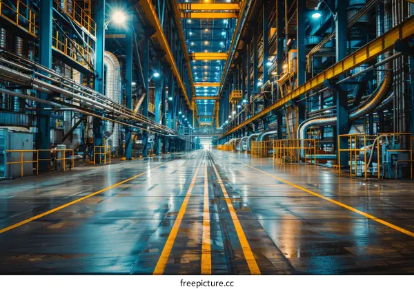 An empty factory building with blue and yellow lights