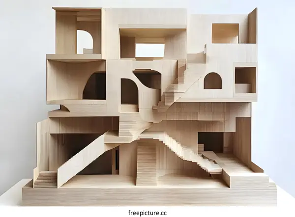 Abstract Wooden Model of a Modern Building with Multiple Levels and Arched Openings