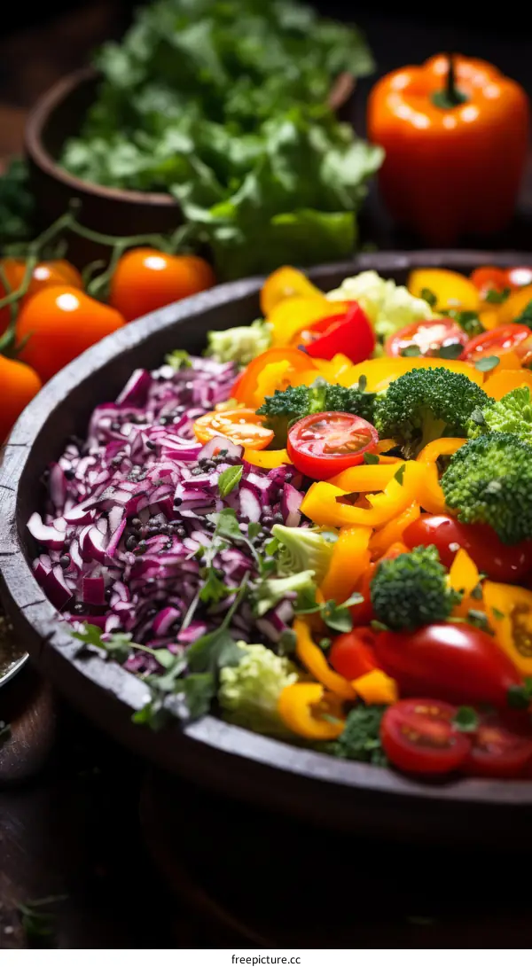 Colorful salad with broccoli, red onion, peppers and tomatoes