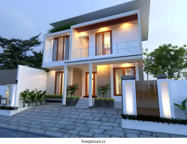 Modern Two Story House Exterior Design With Wooden Fence And Greenery