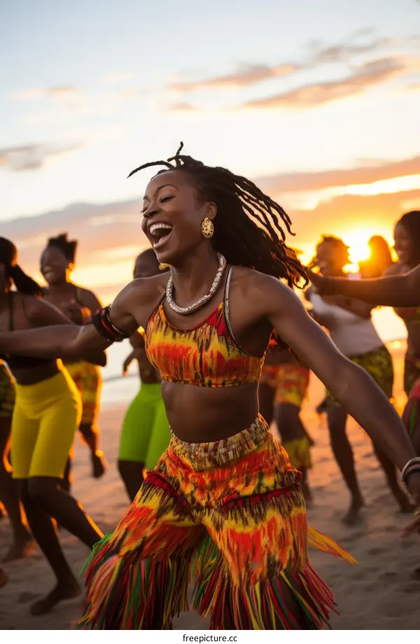 Ecstatic African Women Dancing on Beach at Sunset