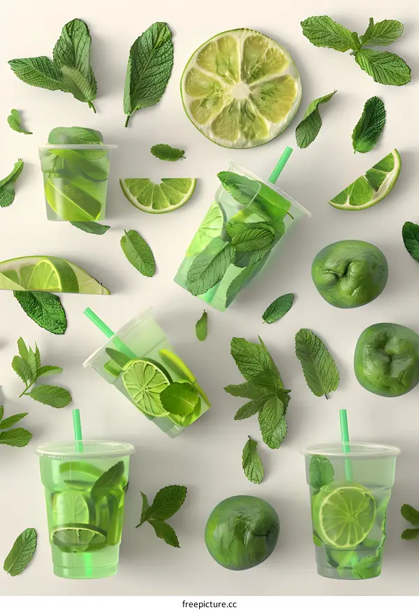 Refreshing Lime and Mint Drinks with Green Leaves