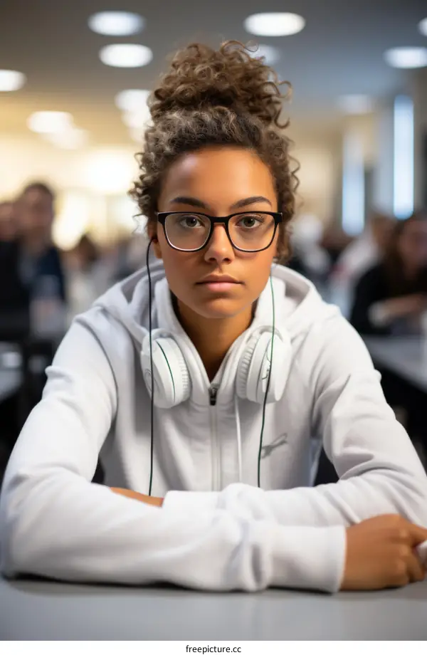 Portrait of a serious looking teenage girl wearing glasses and headphones
