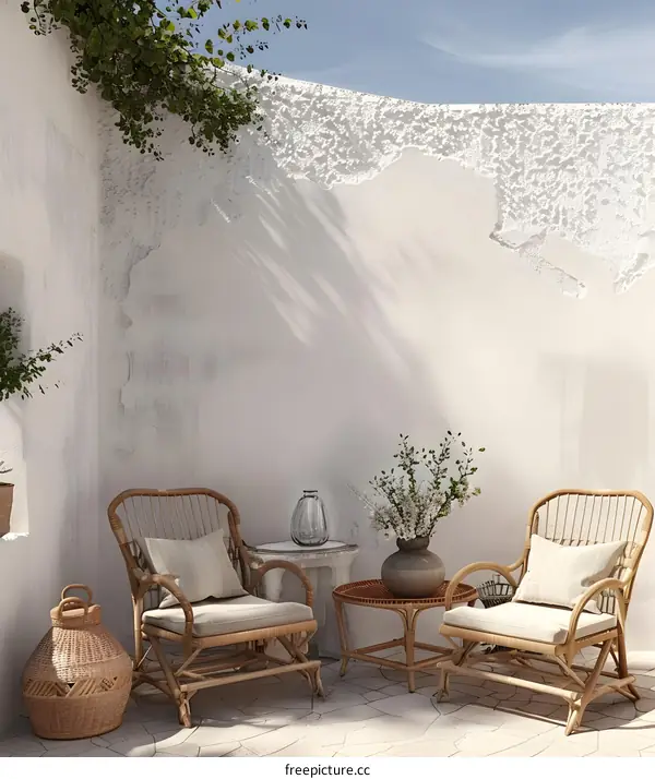 Minimalist Patio Design with White Wall and Rattan Furniture