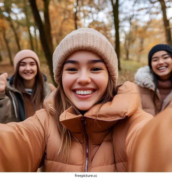 Smiling Friends Taking a Selfie in the Forest During Autumn