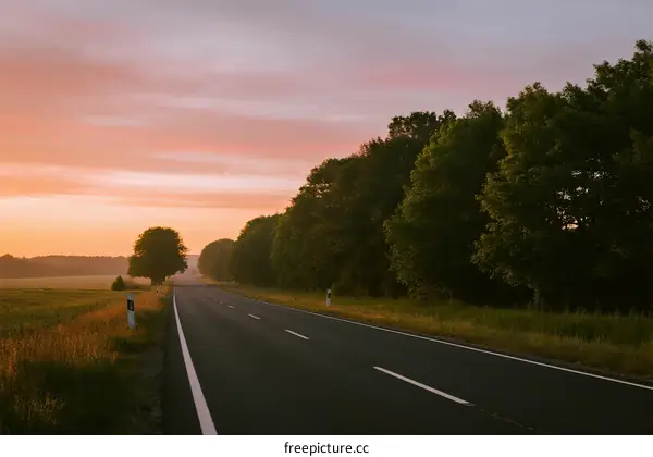 Sunrise over a quiet country road with trees on both sides