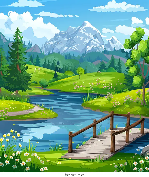 Mountain Landscape with River and Wooden Bridge