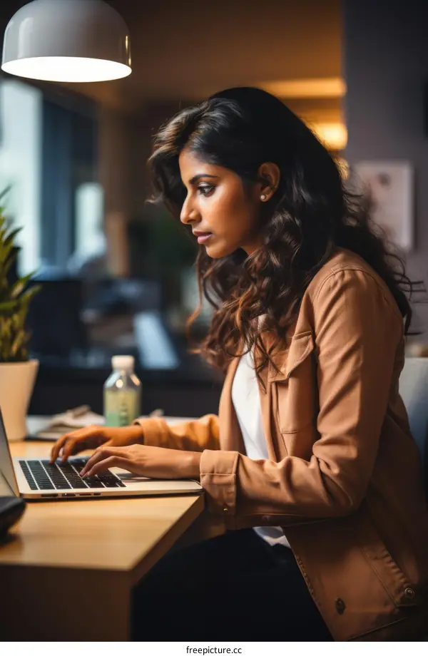 A young Indian woman works on her laptop in an office at night