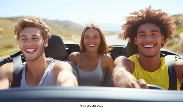 Three Friends Enjoying a Road Trip in Convertible