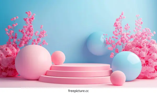 Pink and blue pastel abstract background with podium