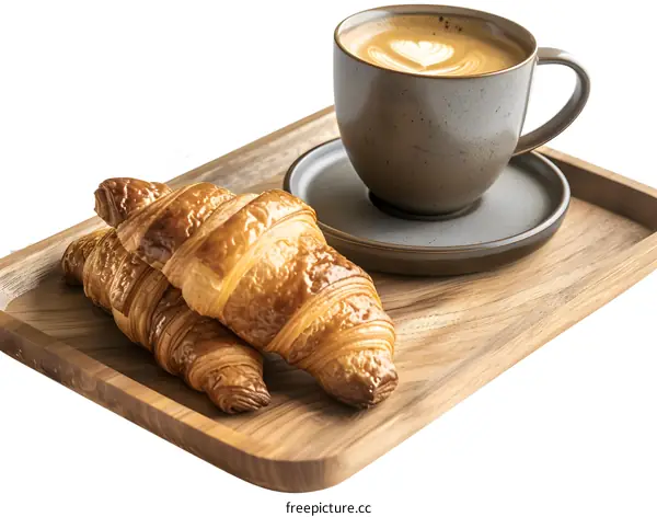 Two Croissants and a Cup of Coffee on a Wooden Tray