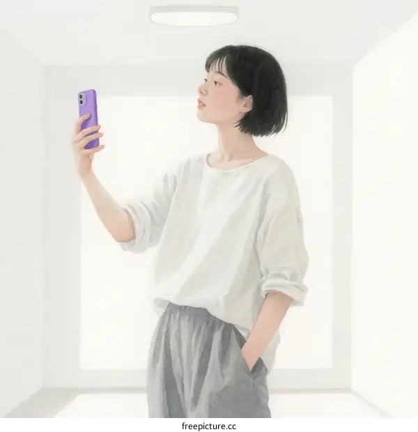 A Young Woman Taking a Selfie with Smartphone in White Room