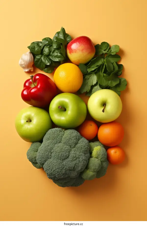 A variety of fruits and vegetables are arranged on an orange background