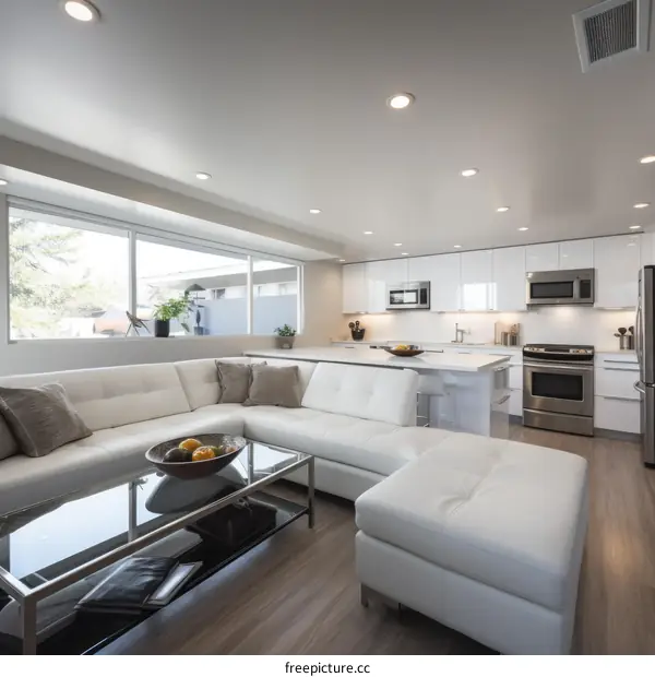 An open-concept living space with a white sectional sofa, a glass coffee table, and a kitchen with white cabinets and stainless steel appliances