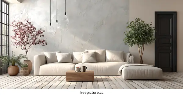 Modern Beige Living Room with Wooden Flooring