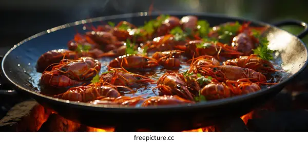 A large skillet of crawfish being cooked over an open fire