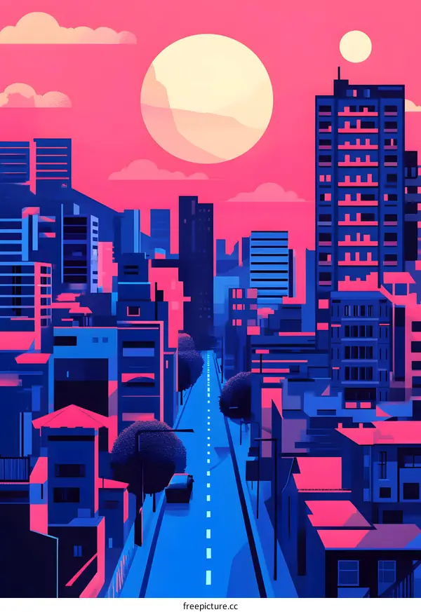 Cityscape Illustration in a Futuristic Style with a Pink and Blue Color Palette