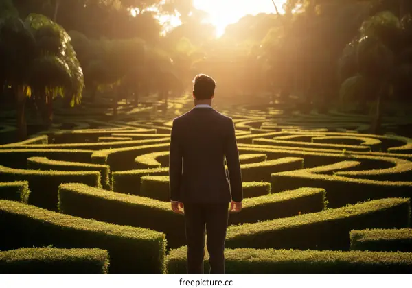 Man in suit standing in a maze
