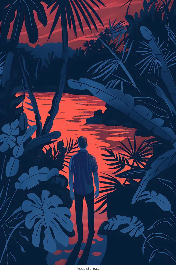 Man Standing in a Tropical Forest Looking at a Sunset