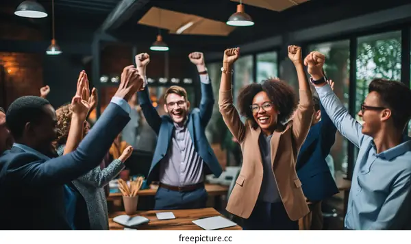 Diverse group of business professionals celebrating success in modern office