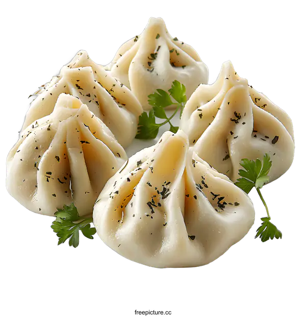 [Transparent Background PNG]Khinkali dumplings with parsley on white