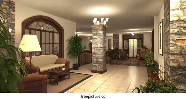 Luxury Interior Design with Stone Columns and Chandelier