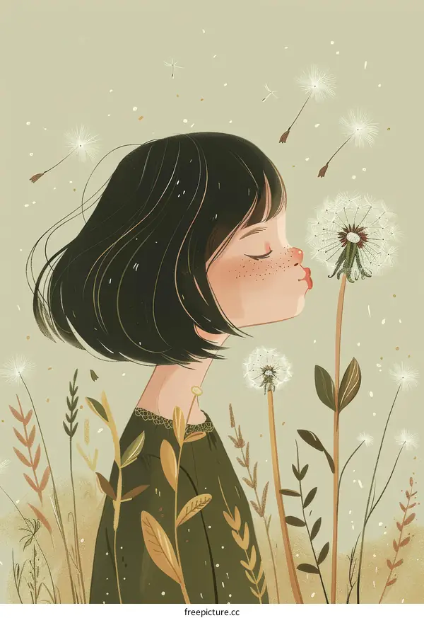 Girl Blowing Dandelion Seeds: Summer Meadow Dreams