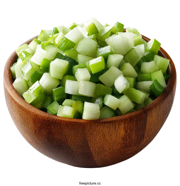 [Transparent Background PNG]Chopped Celery in Wooden Bowl