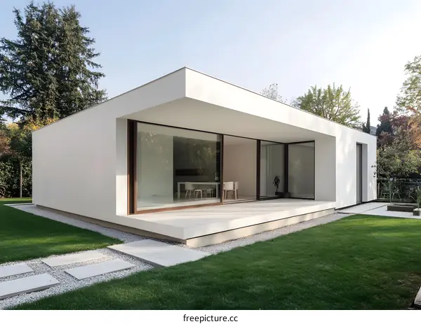 Modern White House with Large Glass Windows and Patio