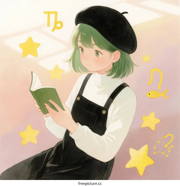 A young girl with green hair reading a book under starry background