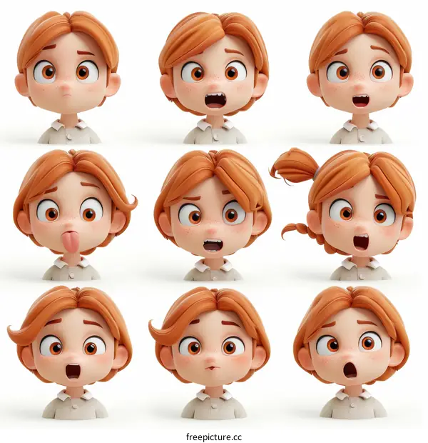 A 3D rendering of a cute cartoon girl with different facial expressions