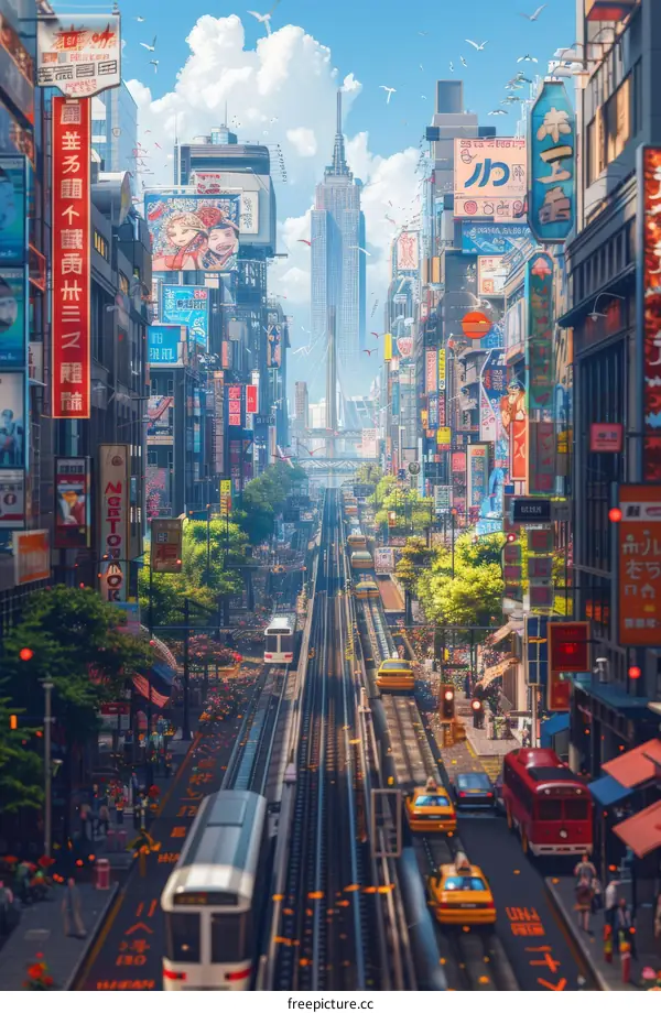 A Vibrant Futuristic Asian Metropolis Street Scene