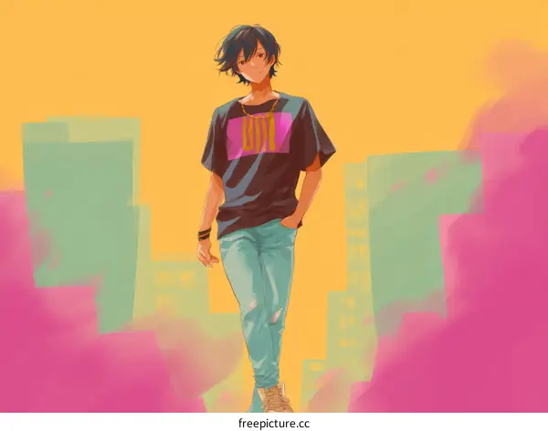 Stylish Teenager in Trendy Outfit Against a Colorful Background