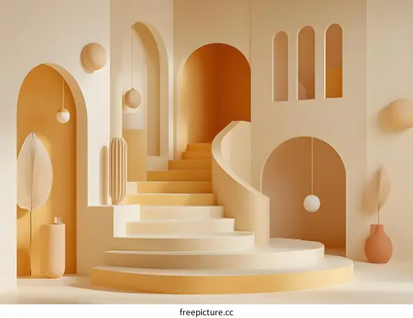 Abstract Minimalist Staircase With Arched Walls In Beige And Orange Color Palette