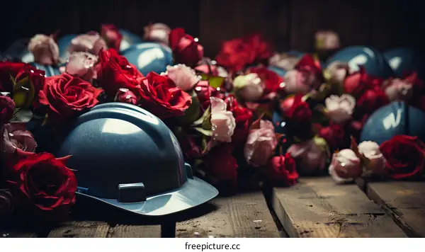Blue hard hat with red and pink roses