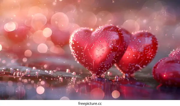 Two red hearts with water drops on a wet surface against a blurred background of pink and orange lights.