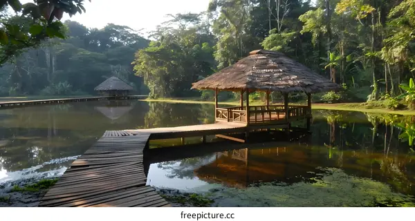Thatched roof hut on a lake in the jungle
