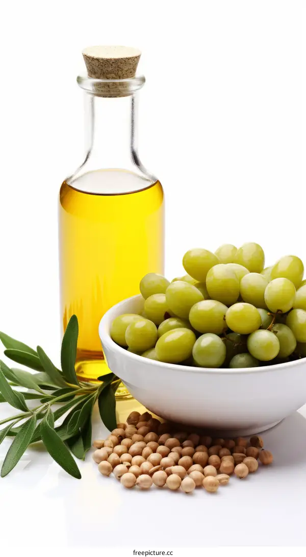 A bowl of green grapes, a bottle of oil and a bowl of chickpeas