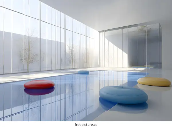 Minimalist Indoor Swimming Pool With Colorful Floats