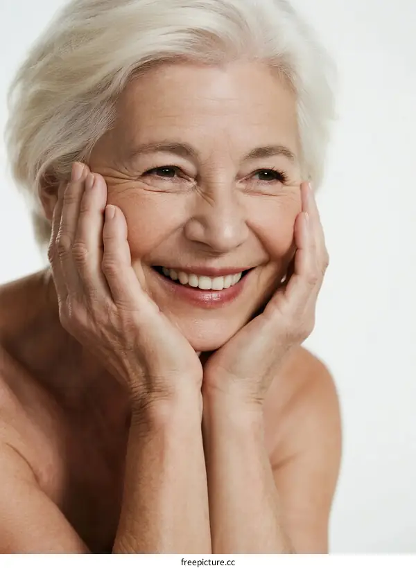 Elderly woman with white hair smiling and holding her cheeks