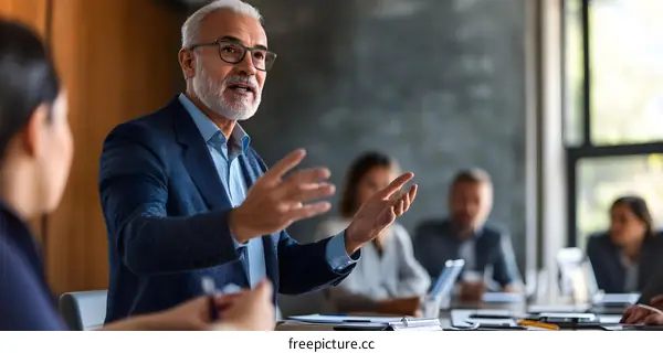 Businessman Leading Team Meeting Presentation in Modern Office