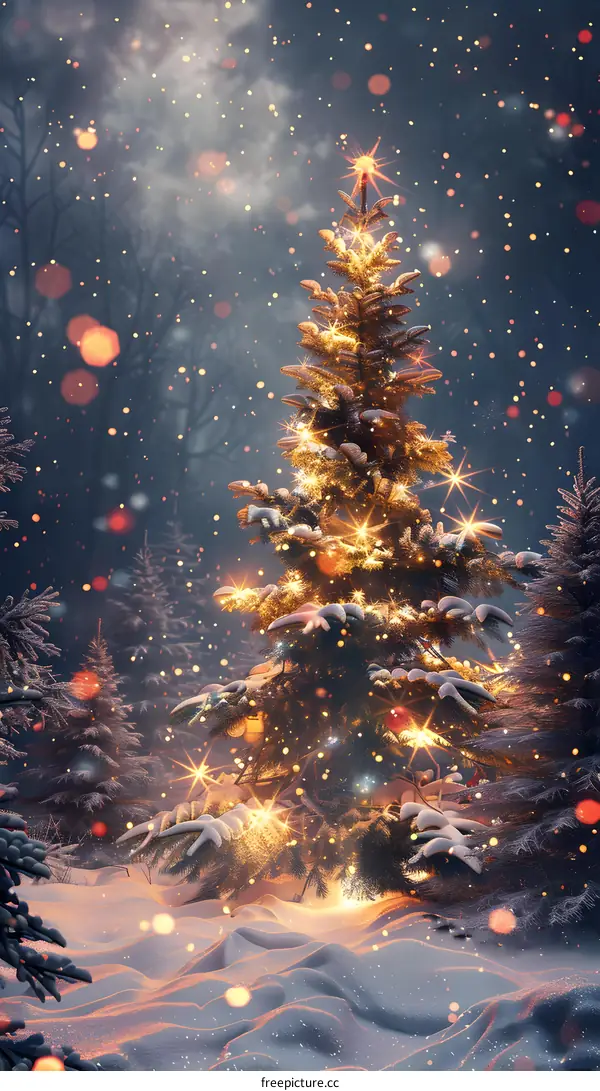 Christmas tree shining in the snow