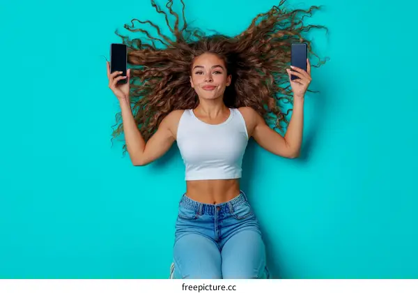 Young Woman with Smartphones in Curly Hair against Teal Background