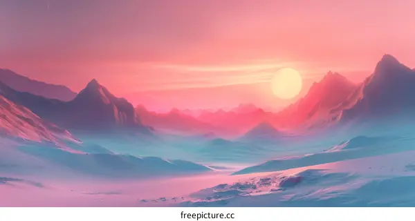 Fantasy Mountain Landscape with Moon and Sunrise