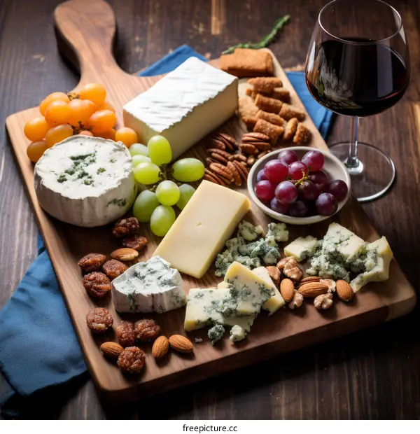 A wooden board with a variety of cheeses, grapes, nuts, and a glass of red wine