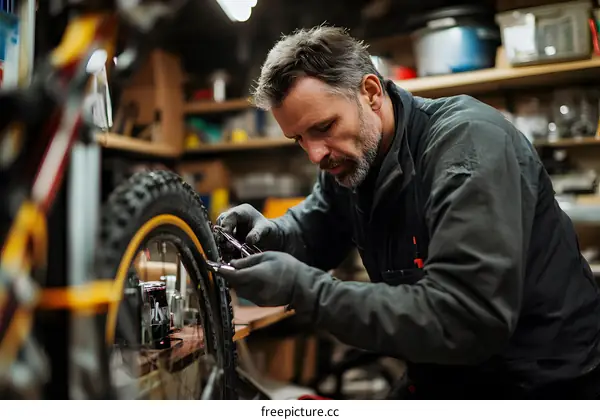 Man Fixing Bicycle Wheel in Workshop
