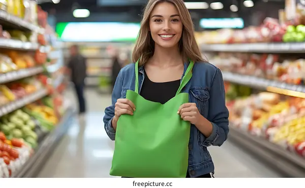 Woman Shopping with Reusable Grocery Bag in Supermarket