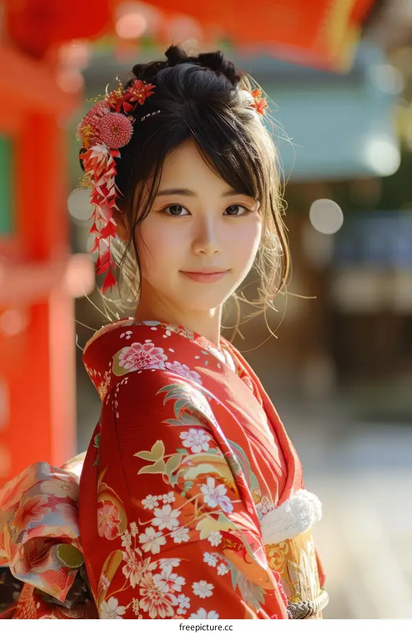 Portrait of a young woman in a red kimono