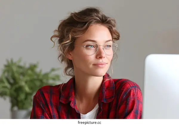 Young woman with curly hair working at desk with computer